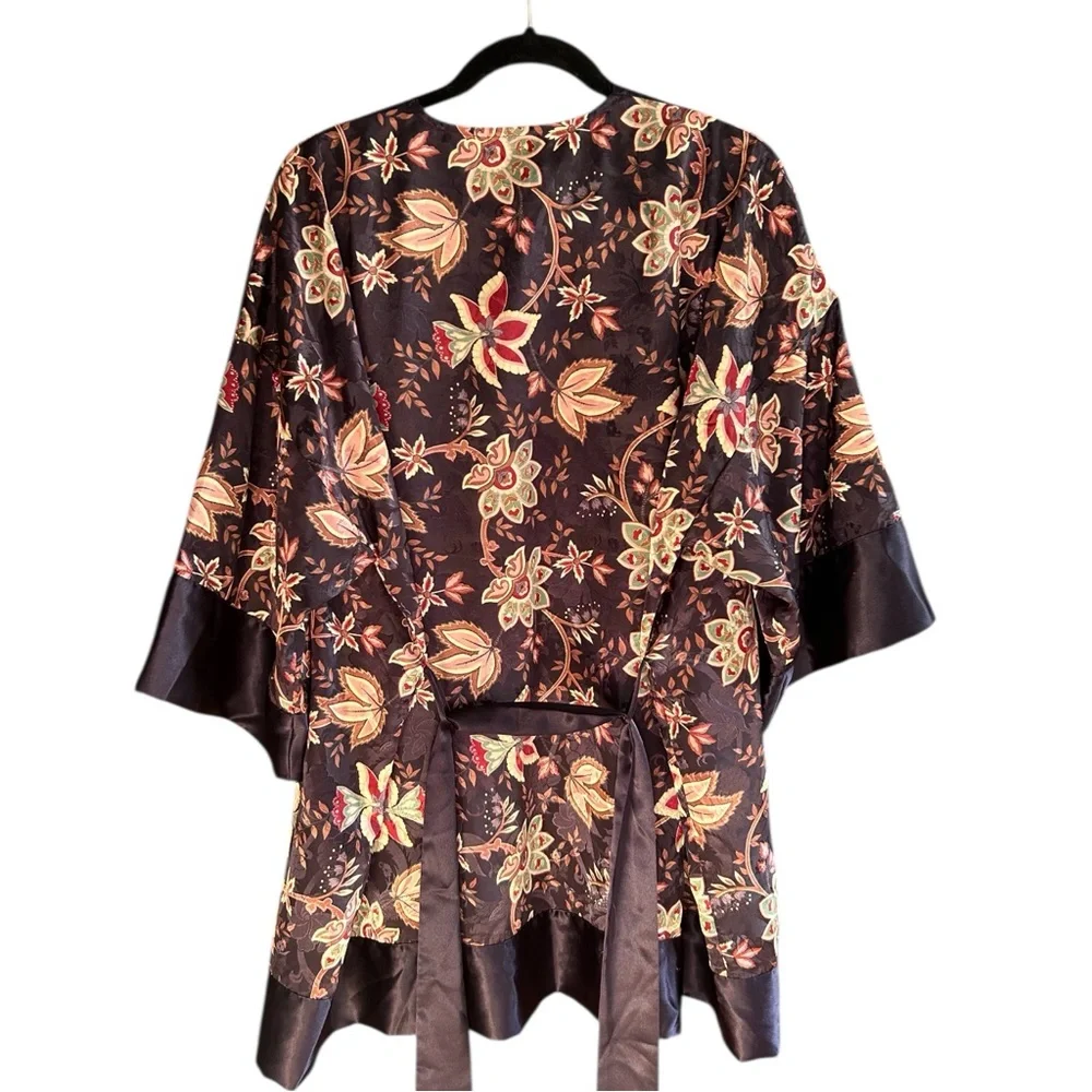VINTAGE VICTORIA’S‎ SECRET Gold Label Midnight Navy Floral Satin Kimono Robe OS